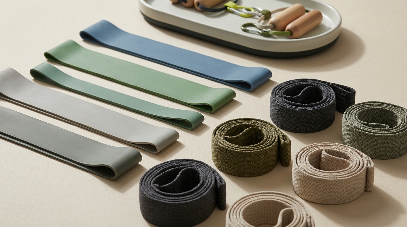 Flat and loop resistance bands neatly arranged on a minimalist Paper studio background with Training ink, Acid and Field green accents filling the full frame view