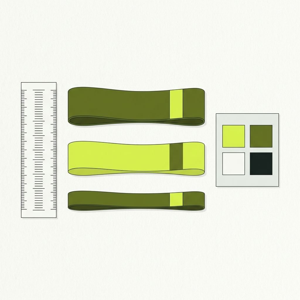 Minimalist 2D vector top down clinician workspace with three color coded flat resistance bands next to a ruler with tick marks and an unlabeled color swatch chart in Rep and Range palette