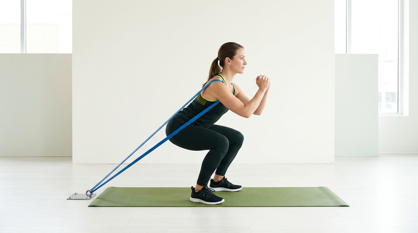 Adult performing a loop band squat in a minimalist gym with clear colored bands anchored to a visible floor point