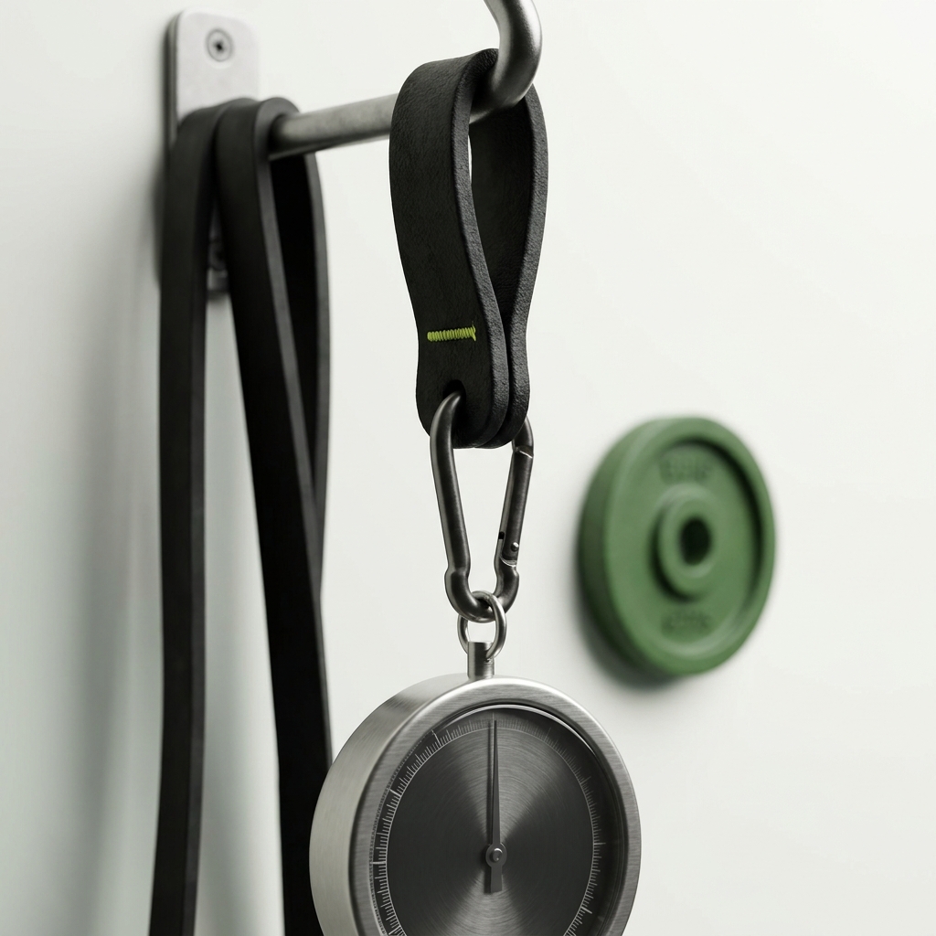 Close full frame photo of a hanging scale clipped to a resistance band loop anchored to a sturdy hook in a neutral studio with Paper background and Field green accents