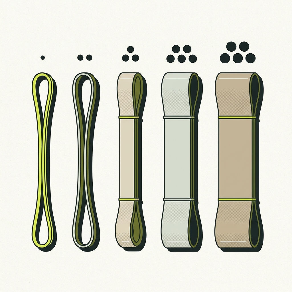 Flat 2D vector of loop resistance bands laid out by thickness and color on a paper background showing light medium heavy progression