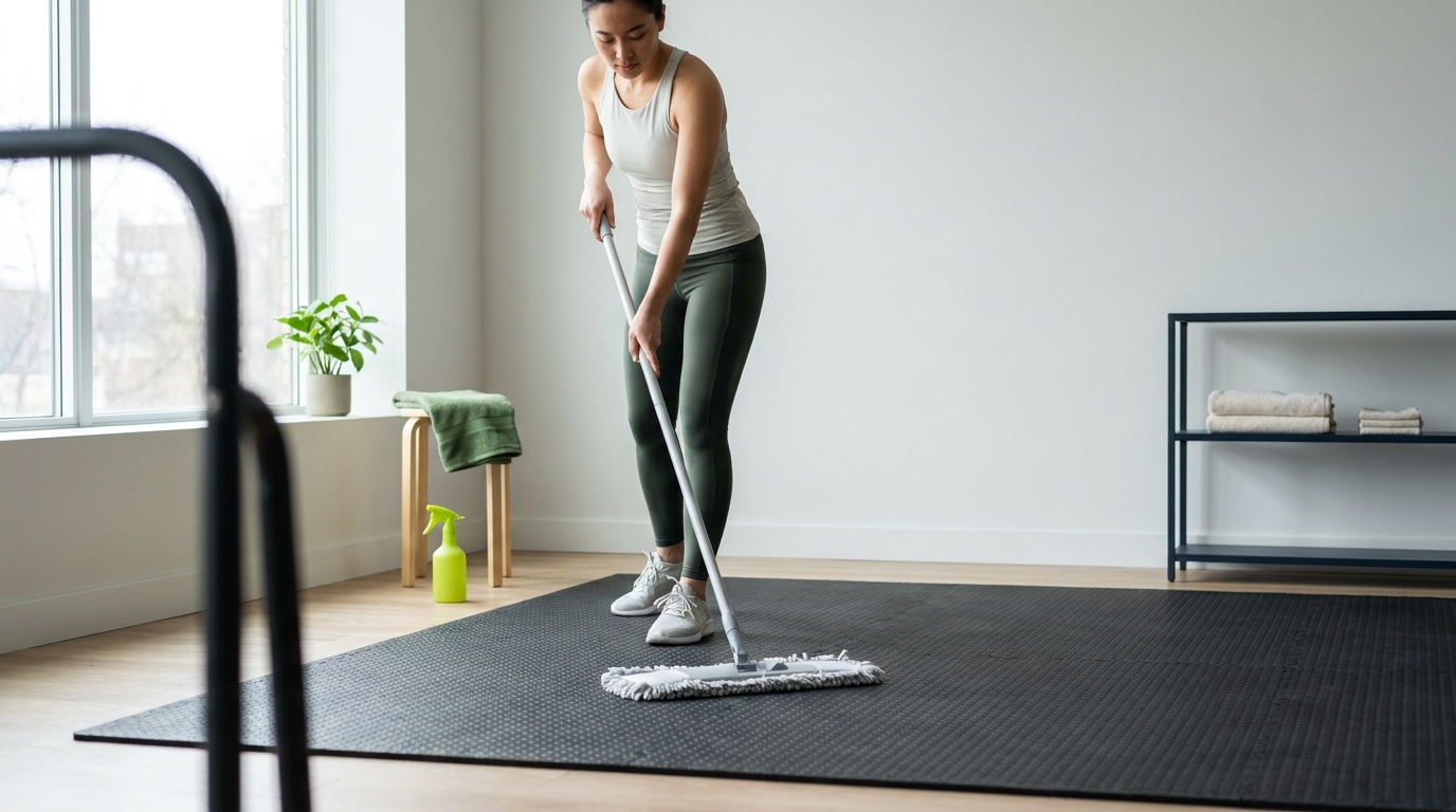Person cleaning a black rubber exercise mat with a microfiber mop in a bright minimalist gym studio with natural light and subtle brand color accents