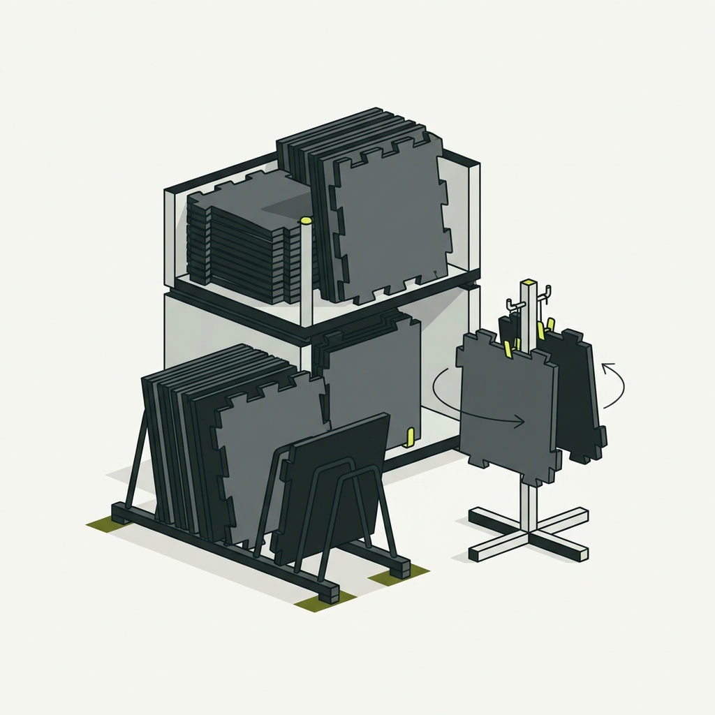 Minimalist 2D vector of rubber gym tiles drying flat and leaning on a low utility rack in a clean storage area with Paper and training ink brand accents