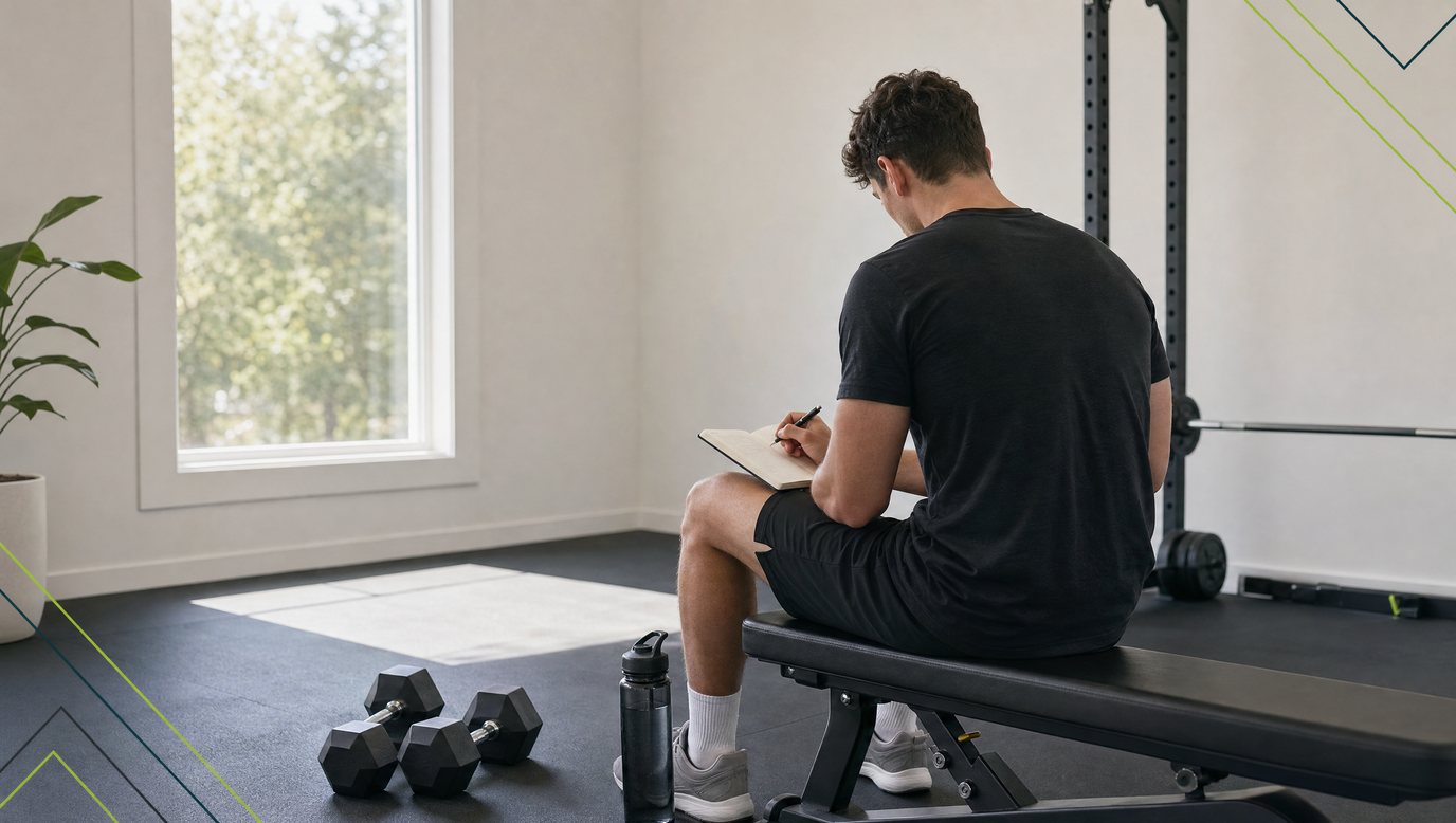 A man sitting on a weight bench writing in a training notebook in a bright home gym with dumbbells on the floor
